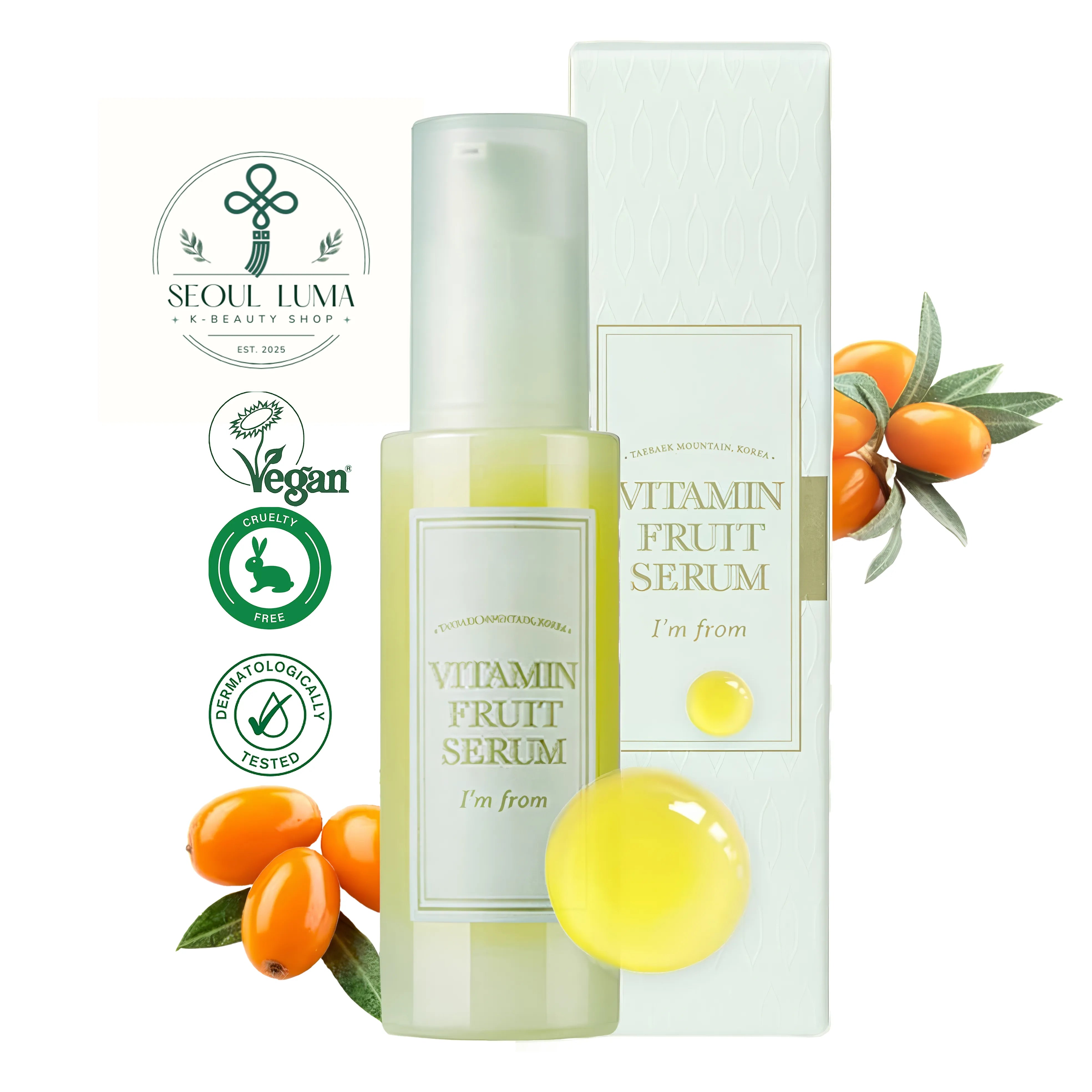 I'M FROM Vitamin Fruit Serum with 74% sea buckthorn fruit extract, 1032mg vitamin C complex, and natural yellowish color for brightening and hydration